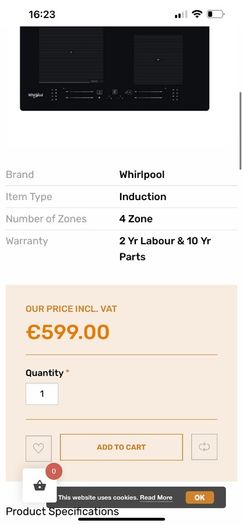 NEW Whirlpool 60cm Induction Hob WFS0160NE