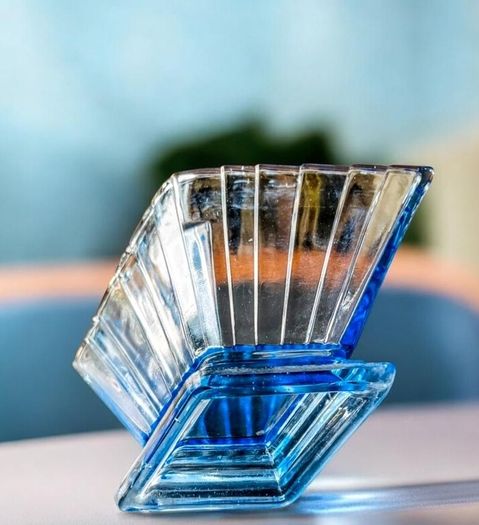 Large Art Deco blue pressed glass vase