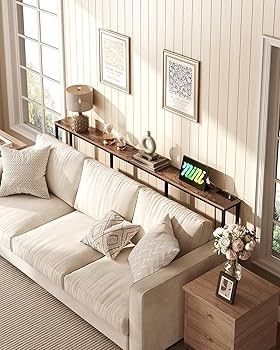 Narrow Console Table with Power Outlet, 18 cm Skinny Sofa Table, Long Behind Couch Table with Charging Station, for Entryway, Hallway, Living Room, Rustic Brown and Black