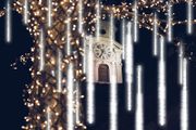 Shower Rain Lights 30CM, 8 Waterproof Spiral Tubes Meteor Lights, 288 LEDs Falling Rain Lights for Christmas Outdoor Garden House Window Xmas Tree Decoration(White)