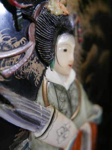 Vintage large Japanese Mother of Pearl Wall Panel / Black Lacquer Geisha Warrior & Floral ORIENTAL WALL ART