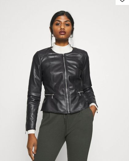 New, Vero Moda Black Peplum Collarless Soft Faux Leather Jacket - Size M (UK10)