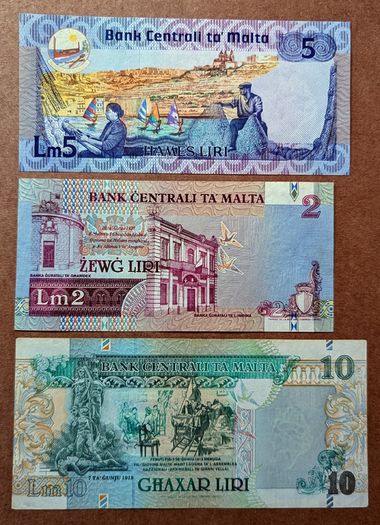 MALTA - Set of 3 Banknotes: 2 5 10 Liri 1986-1994 P 37 45b 47a (XF-UNC)