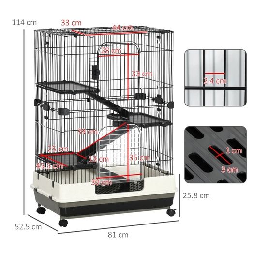 Four-Tier Small Animal Cage, for Bunnies, Ferrets, Chinchillas w/ Wheels, Tray - Black