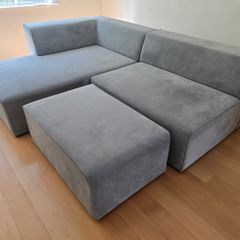Large Grey L-Shaped Corner Sofa / Couch with Footstool
