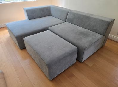 Large Grey L-Shaped Corner Sofa / Couch with Footstool