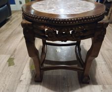 two small round tables in lovely condition marble tops height 18 x18 inches