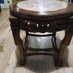two small round tables in lovely condition marble tops height 18 x18 inches