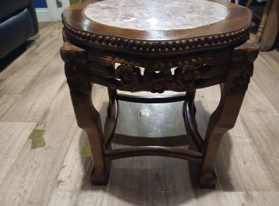 two small round tables in lovely condition marble tops height 18 x18 inches