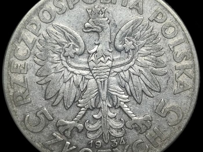1934 Poland 5 Zloty "Head of Polonia" Silver Coin