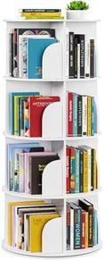 4-Tier Rotating Bookshelf Tower, Spinning Lazy Susan, 360 Revolving Bookshelf Storage, Round Carousel, Vertical Turntable Spiral Corner Organizer, White