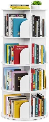 4-Tier Rotating Bookshelf Tower, Spinning Lazy Susan, 360 Revolving Bookshelf Storage, Round Carousel, Vertical Turntable Spiral Corner Organizer, White