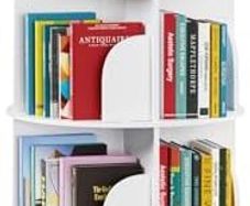 4-Tier Rotating Bookshelf Tower, Spinning Lazy Susan, 360 Revolving Bookshelf Storage, Round Carousel, Vertical Turntable Spiral Corner Organizer, White