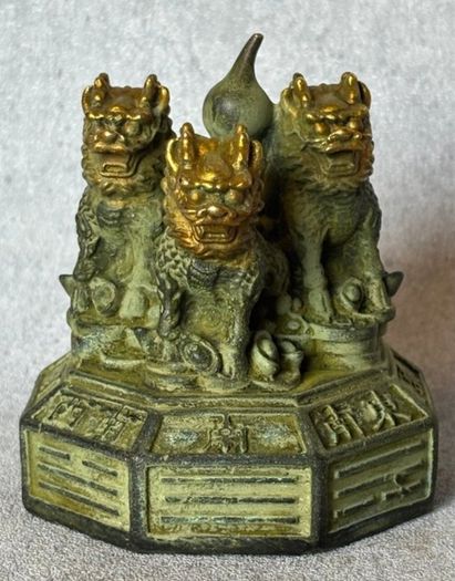 Vintage Feng Shui Triple Qilin Sculpture - Patinated Bronze, Signed