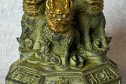 Vintage Feng Shui Triple Qilin Sculpture - Patinated Bronze, Signed
