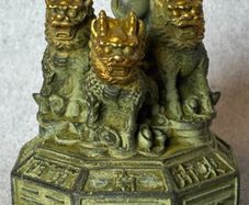 Vintage Feng Shui Triple Qilin Sculpture - Patinated Bronze, Signed