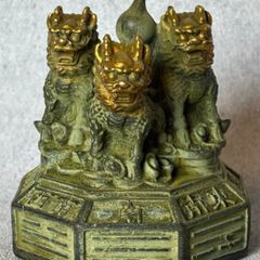 Vintage Feng Shui Triple Qilin Sculpture - Patinated Bronze, Signed