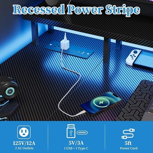 100cm Reversible L-Shaped Gaming Desk with Power Sockets & LED Lights, Carbon Fibre Computer Table with Long Monitor Stand, 2-Tier CPU Storage Shelves & Side Pouch, Black