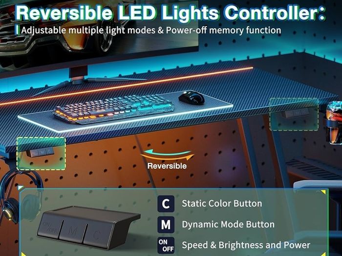 Gaming Desk with LED Lights & Power Outlet, Gaming Table with Cup Holder and Headphone Hook, Double Z Frame Design Computer Desk Carbon Fiber Black 80 cm
