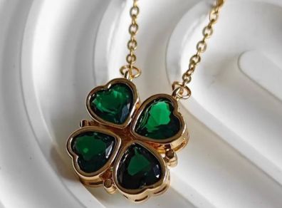 Shamrock Gold Steel Clover Necklace Saint Patrick's Day Emerald Green Heart Pendant jewellery