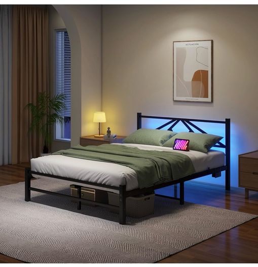 Double Bed Frame with Charging Station,LED Headboard,Black Modern Geometric Headboard Metal Platform Bed Frame for bedroom,Under Bed Storage Space,No Box Spring Needed,Easy Assembly