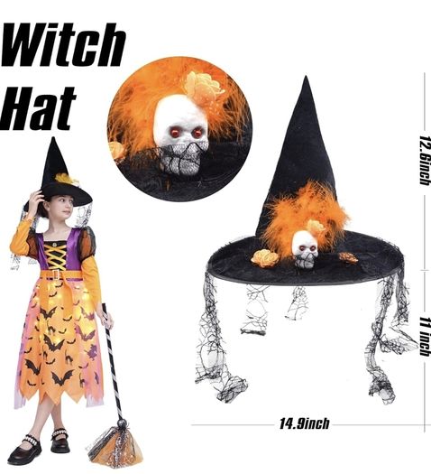 Witch costume with lights, Halloween, girl costume, carnival, cosplay, princess dress with witch broom and hat