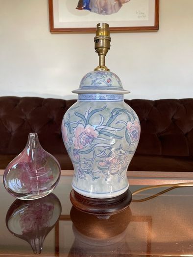 Pretty Oriental Pastel Floral Ginger Jar Lamp Base with Wooden Plinth Base