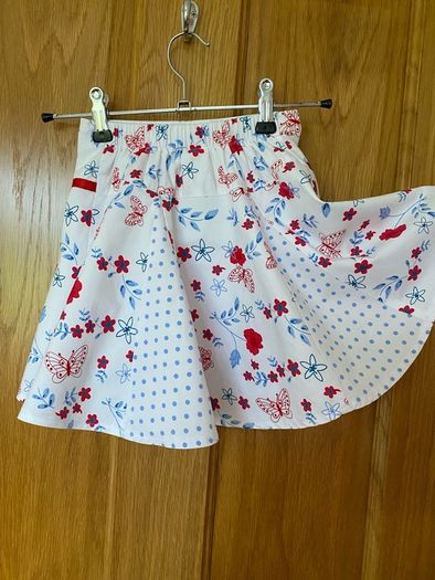 White, Red & Blue Floral Skirt with Butterfly Print