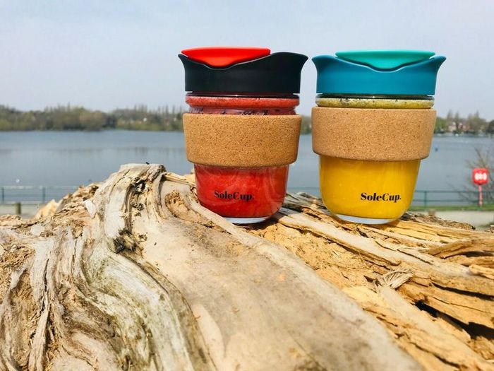 SoleCup Reusable Glass Travel Mug with Cork Band and Lid - Blue