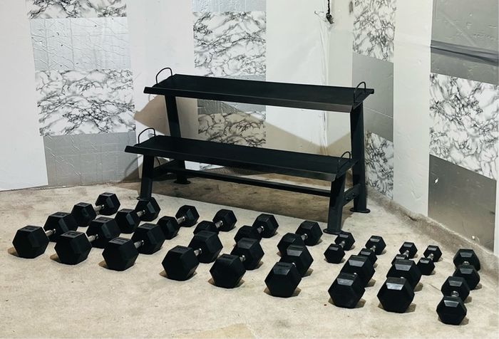 Hex Dumbbells With 2 Tier Rack
