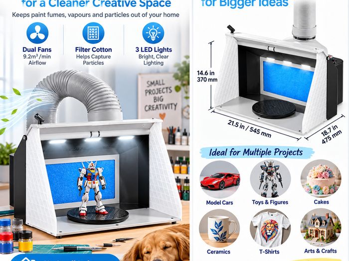 Airbrush Spray Booth with Dual Fans and LED Lights Portable Hobby Paint Booth with Exhaust Hose