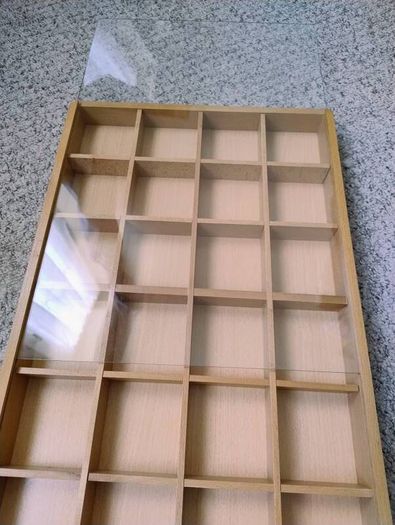 Storage display wooden shadow boxes x 2 with toughened glass sliding top adjustable compartments each has  24 sections and each one is 56cm x 38cm x 5.5cm solid wood great for display storage retail crafting jewellery hobbies Collection in Kinsale area