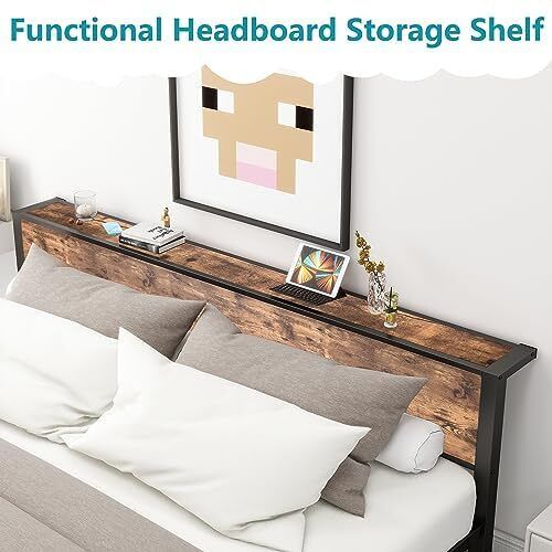 Double Bed Frame with Storage Headboard,Brown