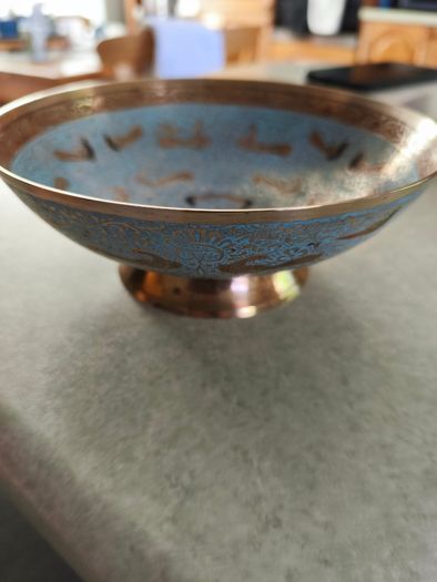 Antique Enamel Cloisonne Brass Footed Bowl - Asian Motif -  Art Nouveau Decor.