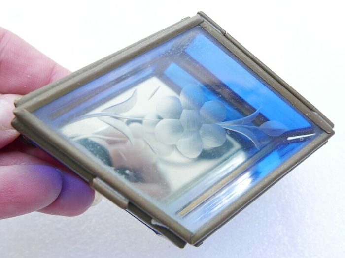 Vintage blue and clear etched flowers Brass trinket box , glass jewelry box