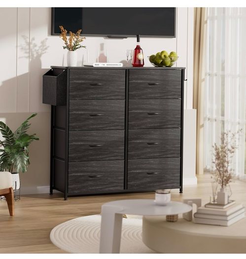 Fabric Chest of Drawers - Canvas Storage Unit with 8 Large Drawers Label Cards, Side Pocket & Hook for Living Room, Hallway, Bedroom