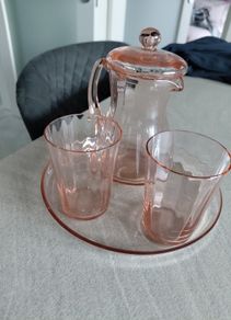 Vintage Pink Glass Water Set - Pitcher/Jug, 2 Glasses & Tray (1930s/Art Deco Style)