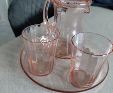 Vintage Pink Glass Water Set - Pitcher/Jug, 2 Glasses & Tray (1930s/Art Deco Style)