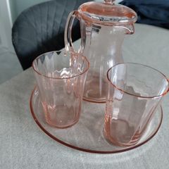 Vintage Pink Glass Water Set - Pitcher/Jug, 2 Glasses & Tray (1930s/Art Deco Style)