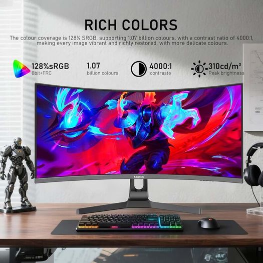 34 Inch Ultrawide Curved 180Hz Gaming Computer Monitor1500R PC Screen 21:9 UWQHD (3440x440) 128% sRGB,Adaptive Sync,178 Viewing Angle,HDMI Display Port,Compatible with Wall mounting-