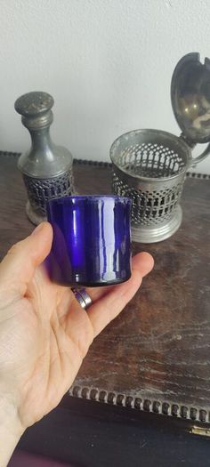 Pewter Condiment Set, blue glass and pewter design. mustard and salt