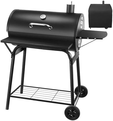 BBQ Grill Smoker With Side Shelves, Barbecue Garden Grill with Temperature Gauge, Outdoor Oil Drum Camping Barbeque Charcoal BBQ Barrel