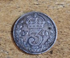 Great Britain UK 1914, 3 Pence / Threepence, George V, Silver Coin - free standard postage