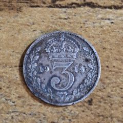Great Britain UK 1914, 3 Pence / Threepence, George V, Silver Coin - free standard postage