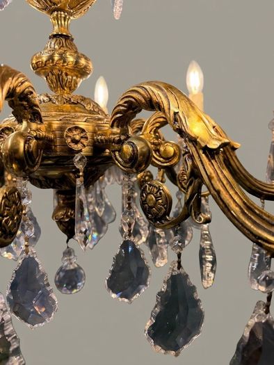French Eight-Arm Brass & Crystal Chandelier