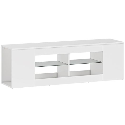 140 cm TV stand, TV dresser, 6 compartments, 2 glass shelves, chipboard, white