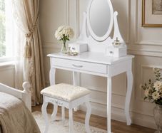 White Dressing Table with Oval Mirror Stool and 3 Drawers