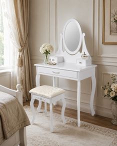 White Dressing Table with Oval Mirror Stool and 3 Drawers