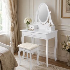 White Dressing Table with Oval Mirror Stool and 3 Drawers