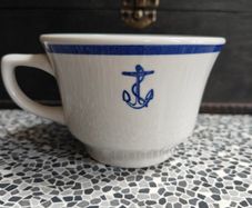 vintage U.S. Navy wardroom officer's Homer Laughlin china coffee cup with a fouled anchor emblem 1959s 60s